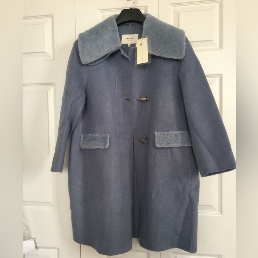 Blue Faux-Fur Collar Wool Blend Coat